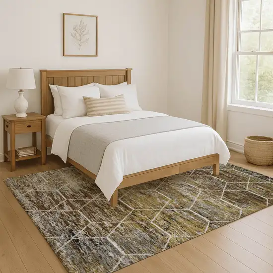 Brown Gold And Ivory Geometric Washable Area Rug With UV Protection Photo 6