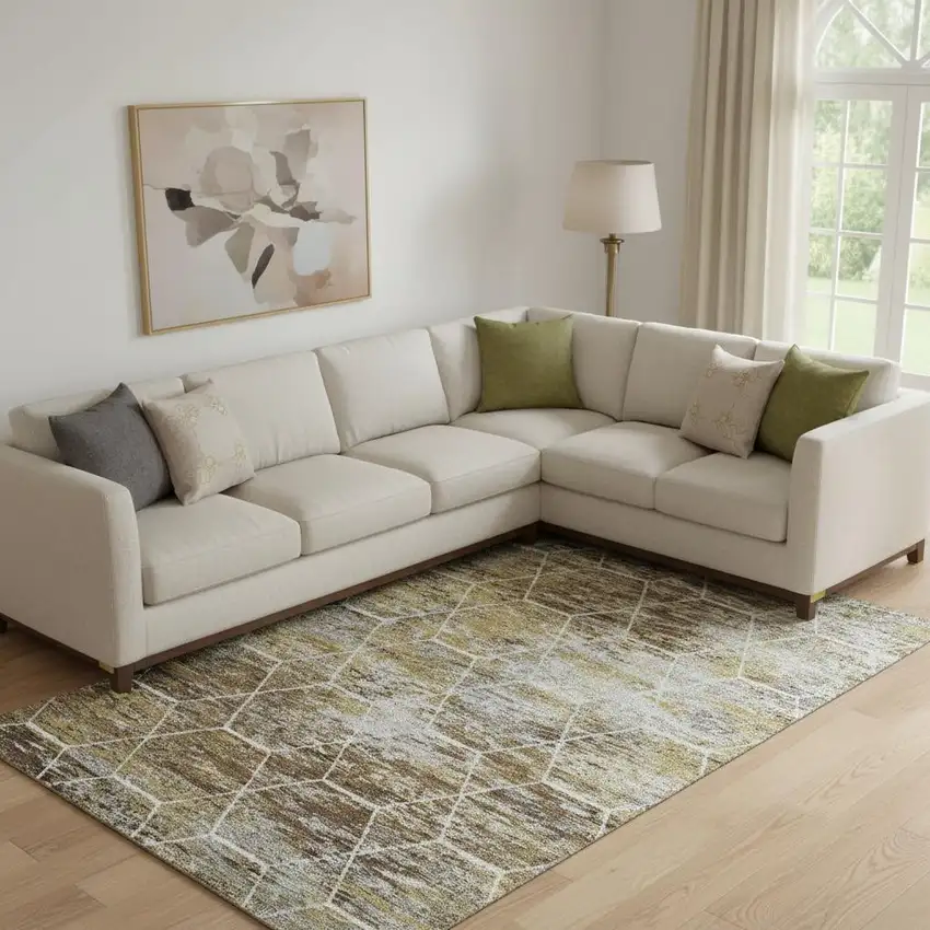 Brown Gold And Ivory Geometric Washable Area Rug With UV Protection Photo 2