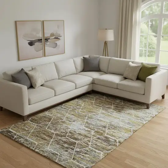 Brown Gold And Ivory Geometric Washable Area Rug With UV Protection Photo 2