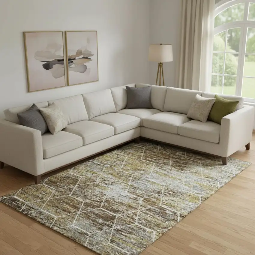 Brown Gold And Ivory Geometric Washable Area Rug With UV Protection Photo 2