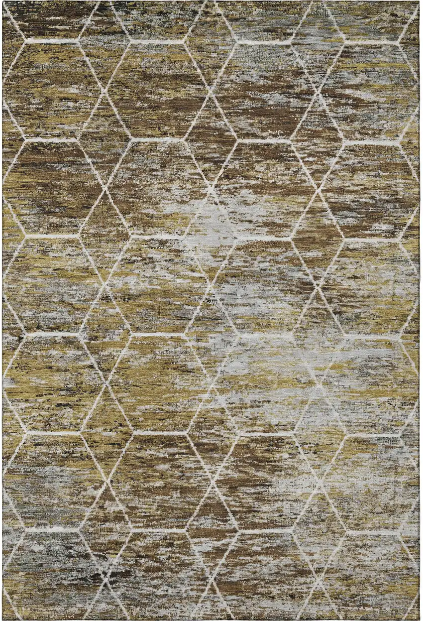 Brown Gold And Ivory Geometric Washable Area Rug With UV Protection Photo 3
