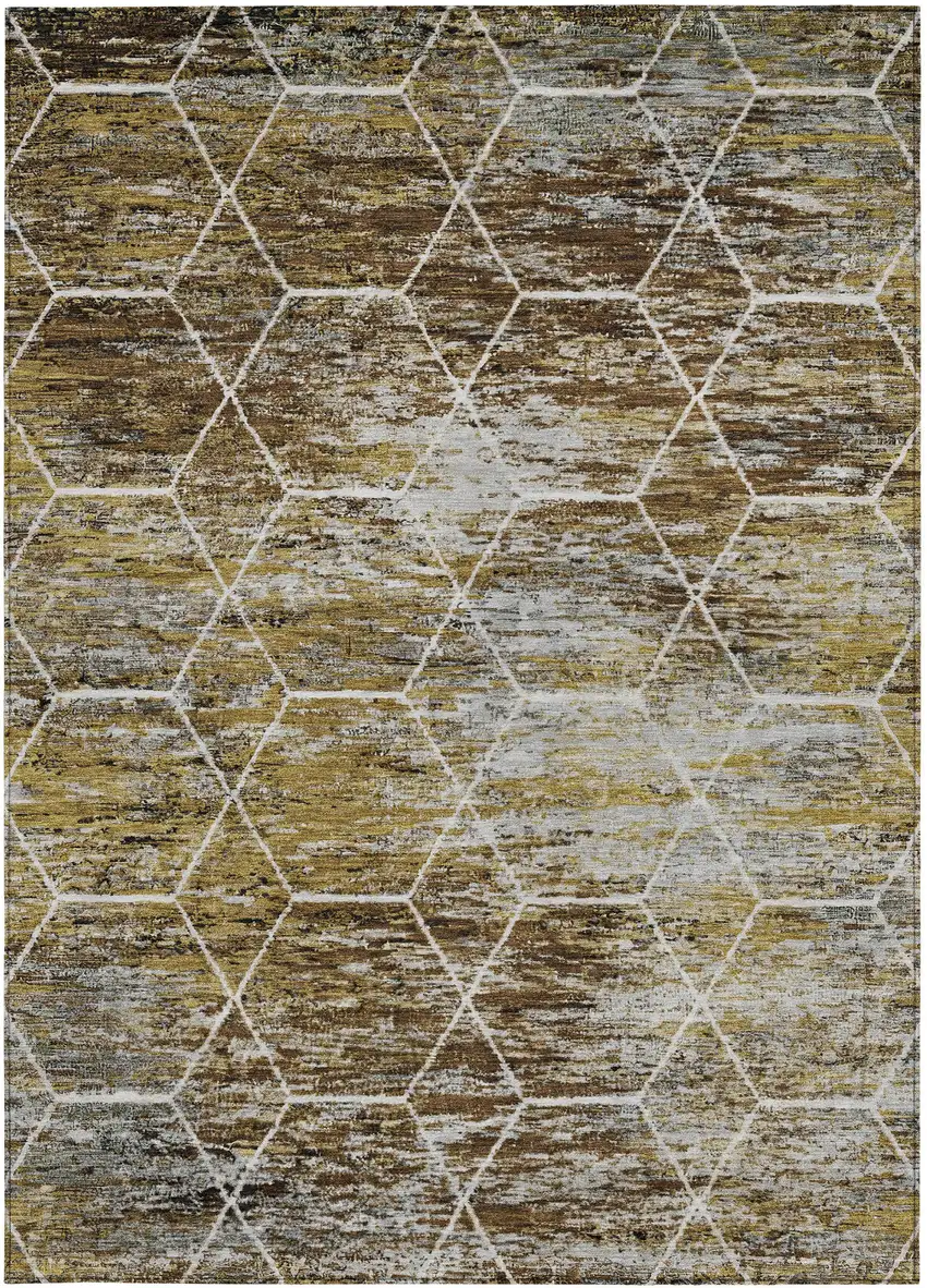 Brown Gold And Ivory Geometric Washable Indoor Outdoor Area Rug Photo 4