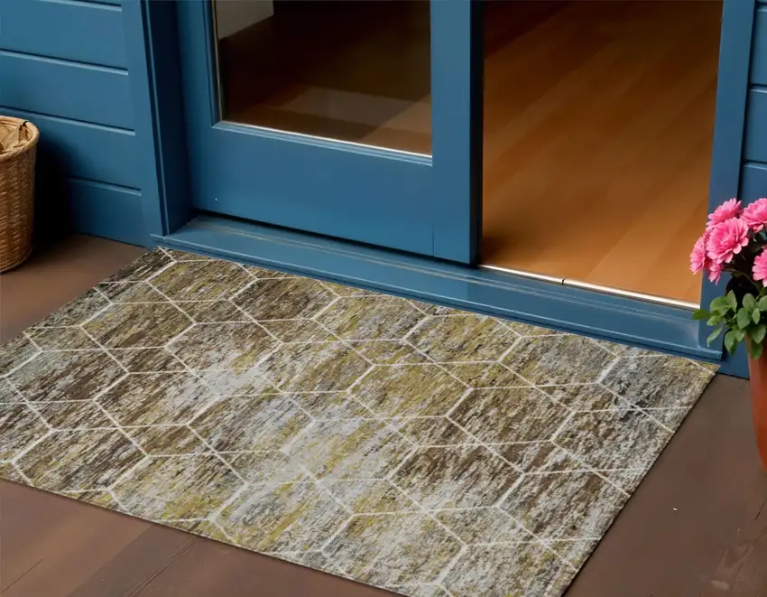 Brown Gold And Ivory Geometric Washable Indoor Outdoor Area Rug Photo 2