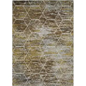 Photo of Brown Gold And Ivory Geometric Washable Indoor Outdoor Area Rug