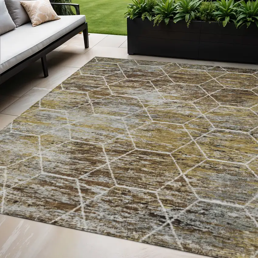 Brown Gold And Ivory Geometric Washable Indoor Outdoor Area Rug Photo 2