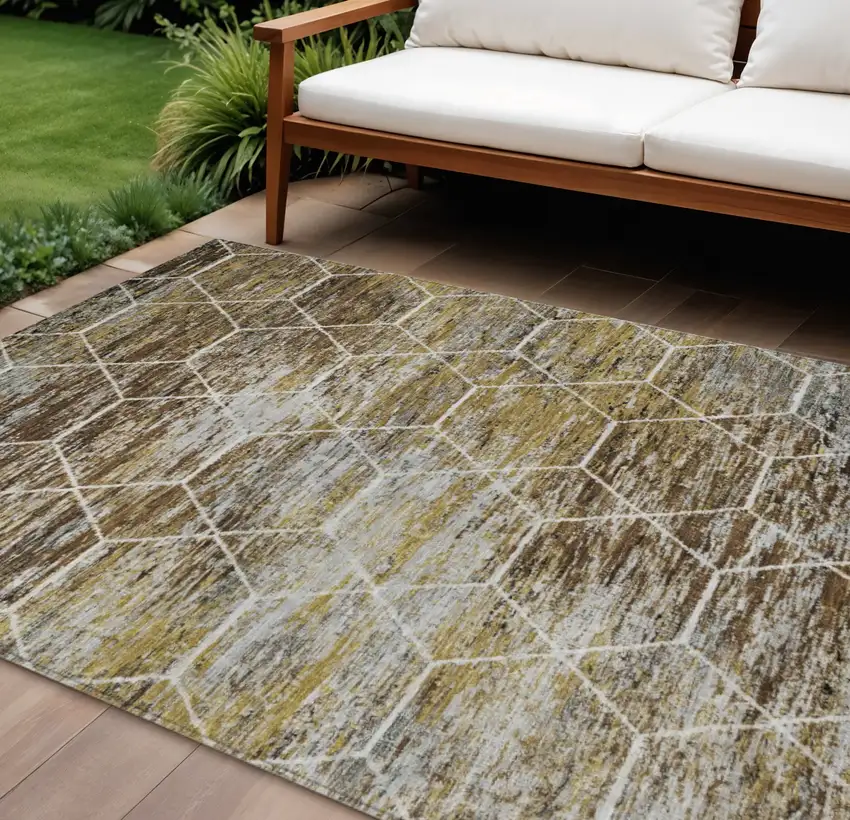 Brown Gold And Ivory Geometric Washable Indoor Outdoor Area Rug Photo 2