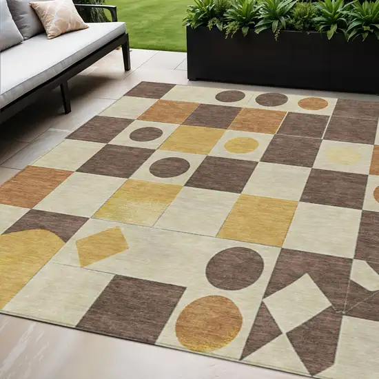 Brown Gold And Ivory Geometric Washable Indoor Outdoor Area Rug Photo 2