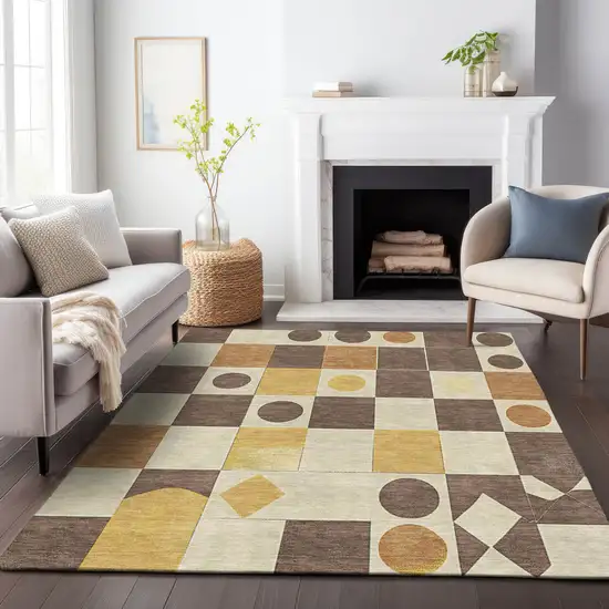 Brown Gold And Ivory Geometric Washable Indoor Outdoor Area Rug Photo 9