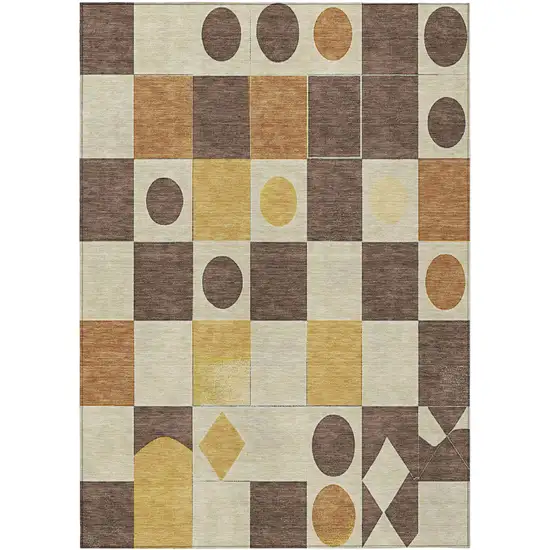 Brown Gold And Ivory Geometric Washable Indoor Outdoor Area Rug Photo 1