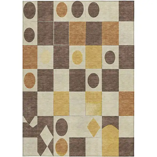Brown Gold And Ivory Geometric Washable Indoor Outdoor Area Rug Photo 1