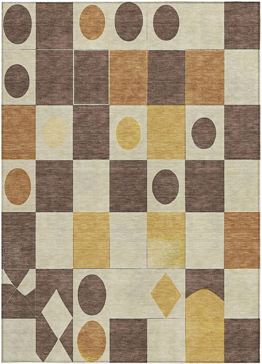 Brown Gold And Ivory Geometric Washable Indoor Outdoor Area Rug Photo 1