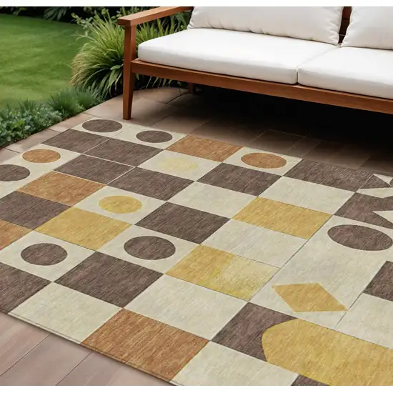 Brown Gold And Ivory Geometric Washable Indoor Outdoor Area Rug Photo 2