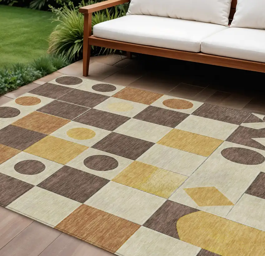 Brown Gold And Ivory Geometric Washable Indoor Outdoor Area Rug Photo 2
