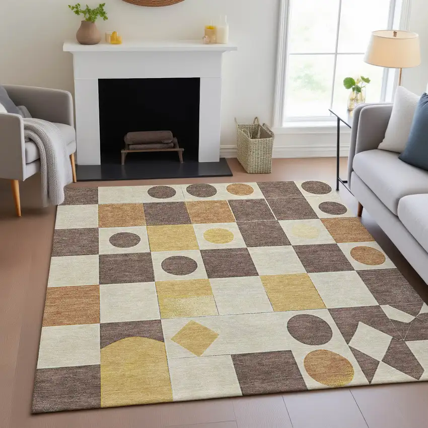 Brown Gold And Ivory Geometric Washable Indoor Outdoor Area Rug Photo 9