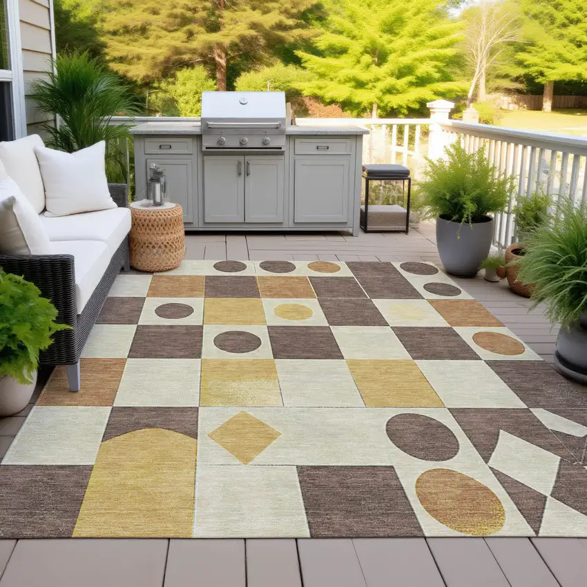 Brown Gold And Ivory Geometric Washable Indoor Outdoor Area Rug Photo 8