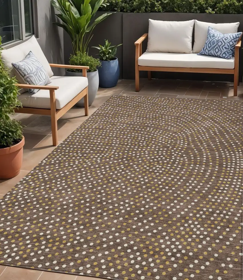 Brown Gold And Ivory Polka Dot Washable Indoor Outdoor Area Rug Photo 1