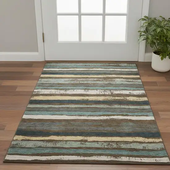Brown Gold And Ivory Striped Washable Area Rug With UV Protection Photo 2