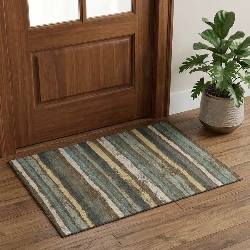 Brown Gold And Ivory Striped Washable Area Rug With UV Protection Photo 1