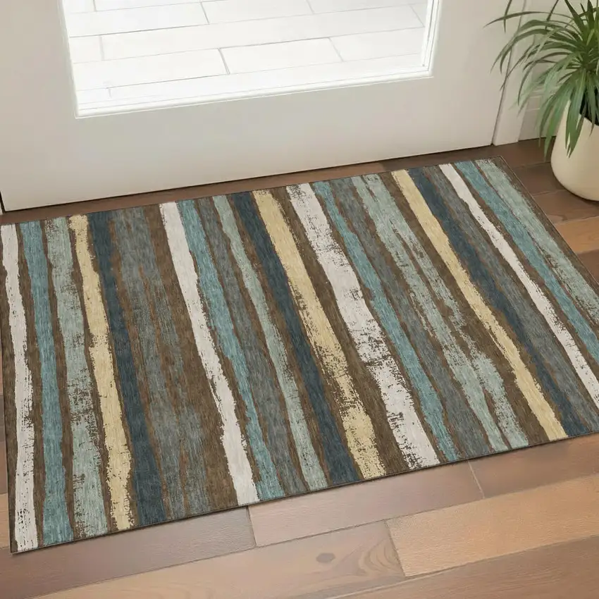 Brown Gold And Ivory Striped Washable Area Rug With UV Protection Photo 1