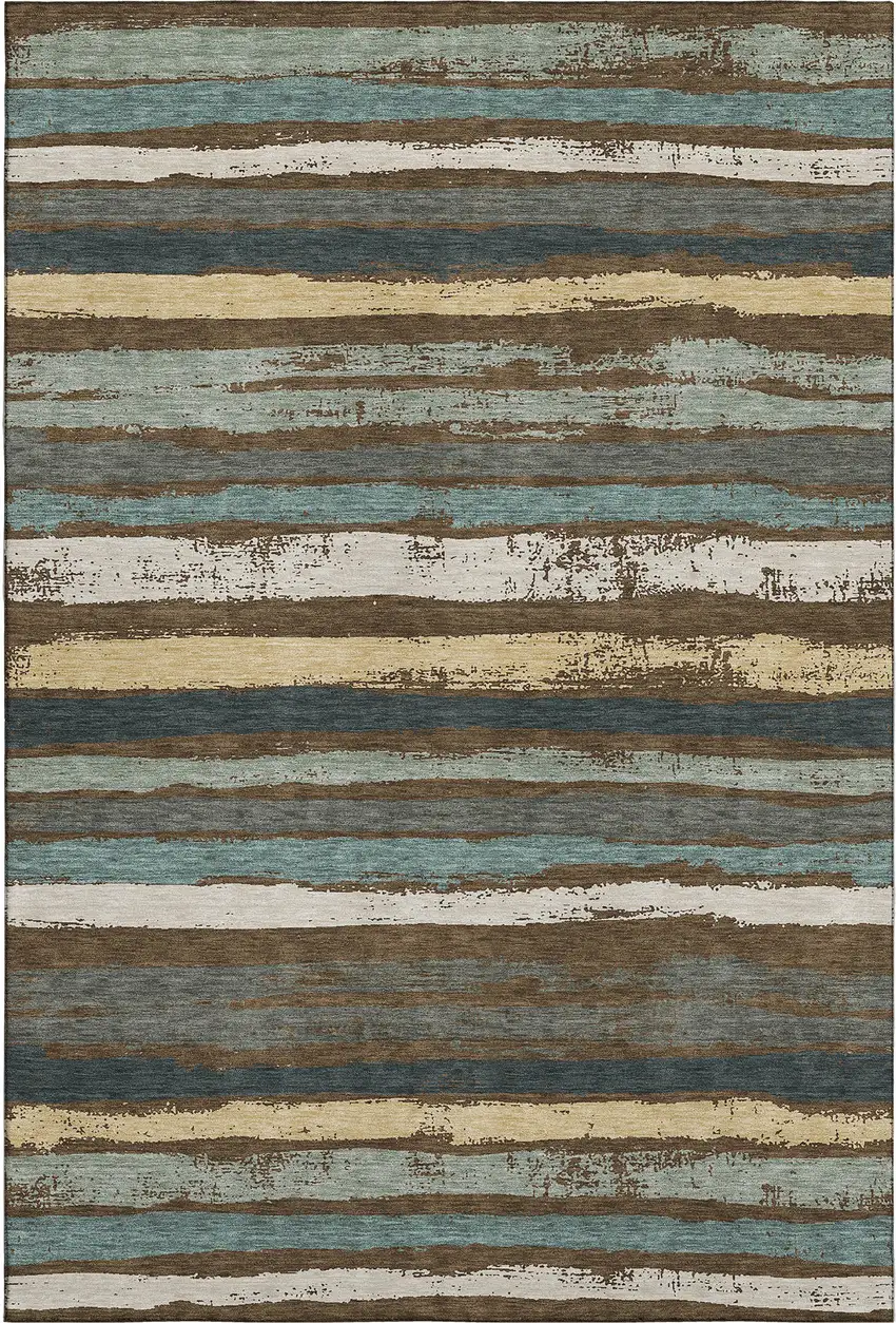 Brown Gold And Ivory Striped Washable Area Rug With UV Protection Photo 1
