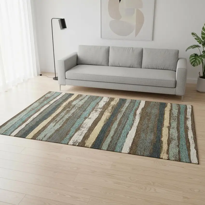 Brown Gold And Ivory Striped Washable Area Rug With UV Protection Photo 2