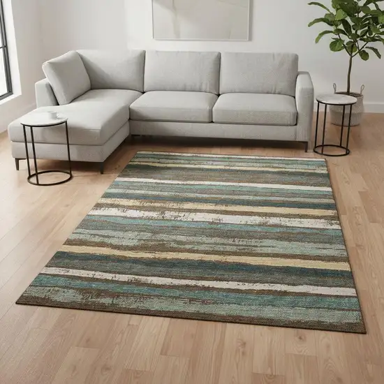 Brown Gold And Ivory Striped Washable Area Rug With UV Protection Photo 2