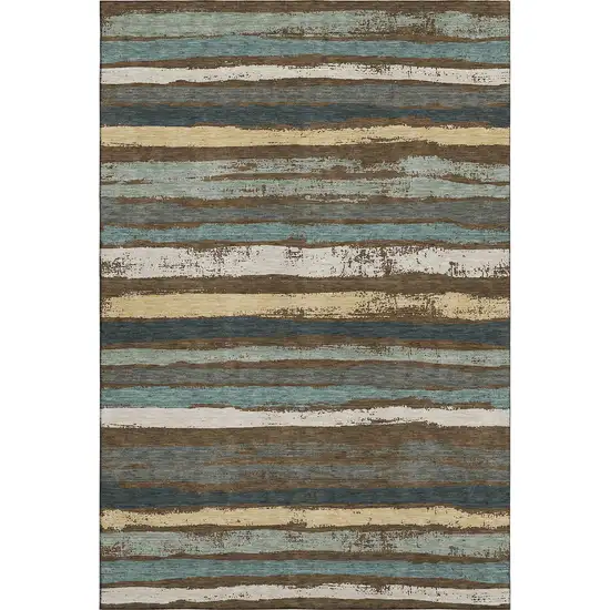 Brown Gold And Ivory Striped Washable Area Rug With UV Protection Photo 1