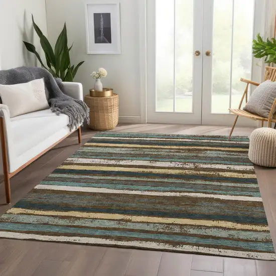 Brown Gold And Ivory Striped Washable Area Rug With UV Protection Photo 5