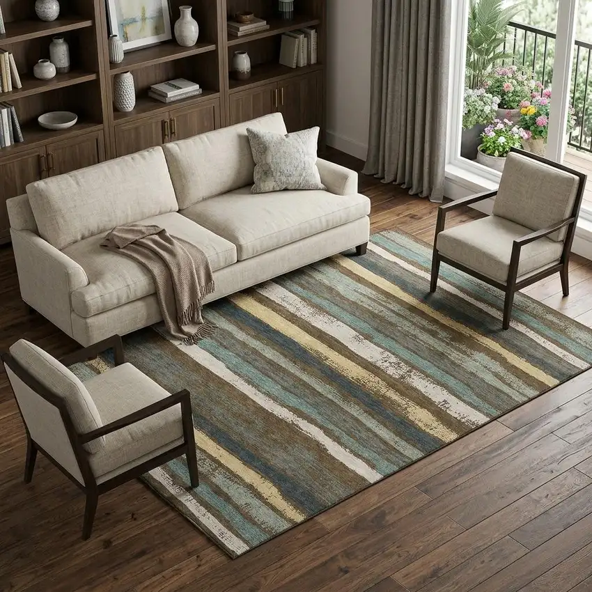 Brown Gold And Ivory Striped Washable Area Rug With UV Protection Photo 1
