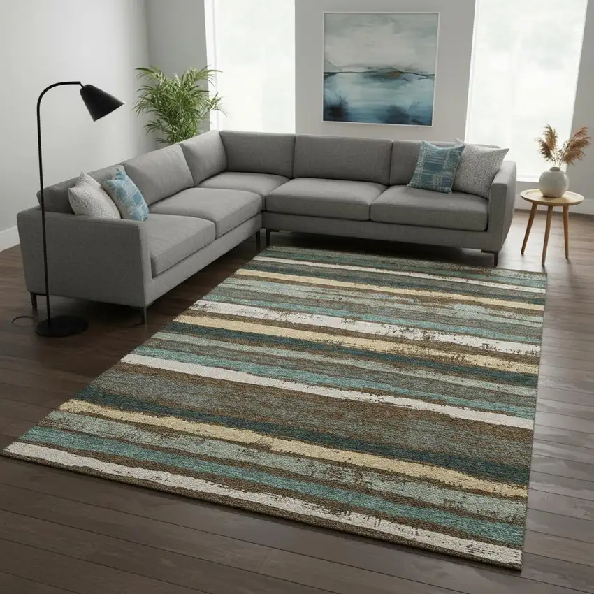 Brown Gold And Ivory Striped Washable Area Rug With UV Protection Photo 2