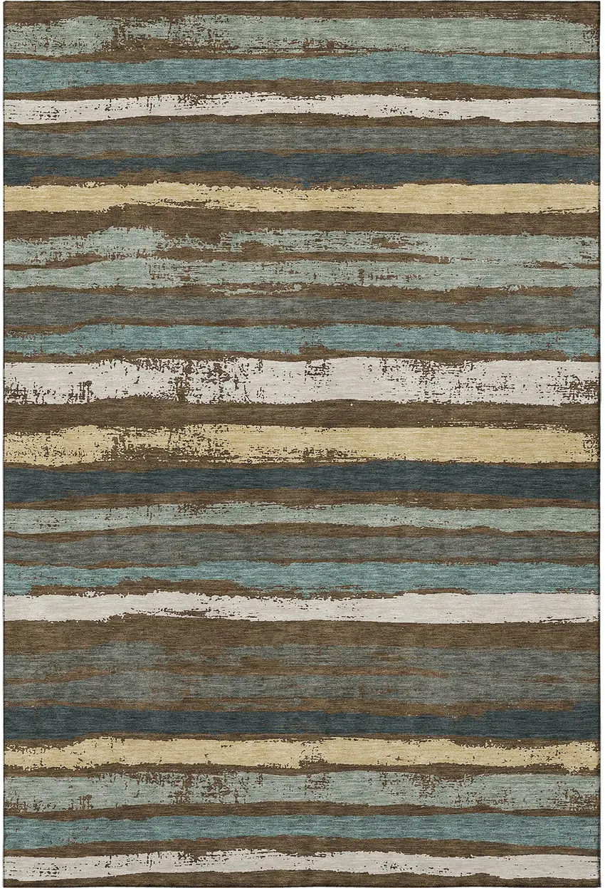 Brown Gold And Ivory Striped Washable Area Rug With UV Protection Photo 3