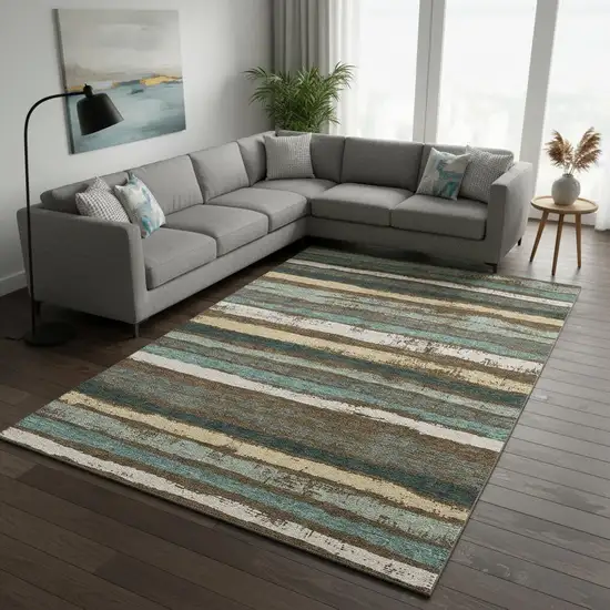 Brown Gold And Ivory Striped Washable Area Rug With UV Protection Photo 2