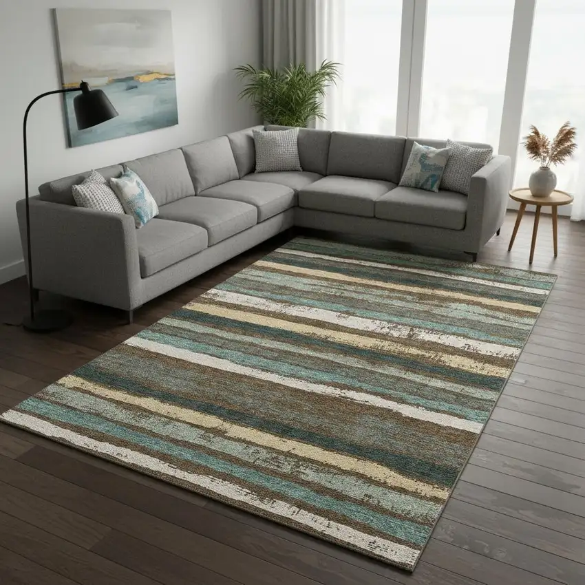 Brown Gold And Ivory Striped Washable Area Rug With UV Protection Photo 2