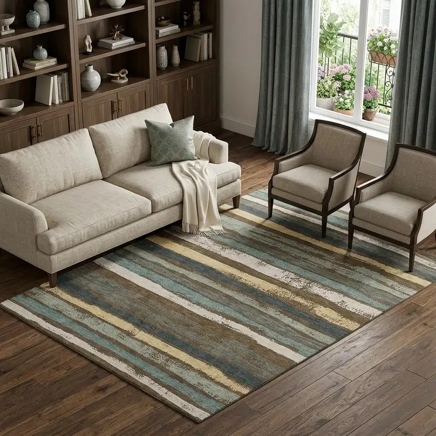 Brown Gold And Ivory Striped Washable Area Rug With UV Protection Photo 1