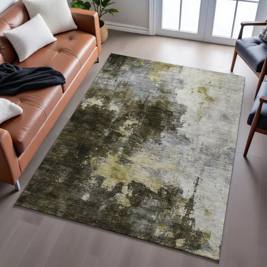 Brown Gold And Silver Abstract Washable Area Rug With UV Protection Photo 5