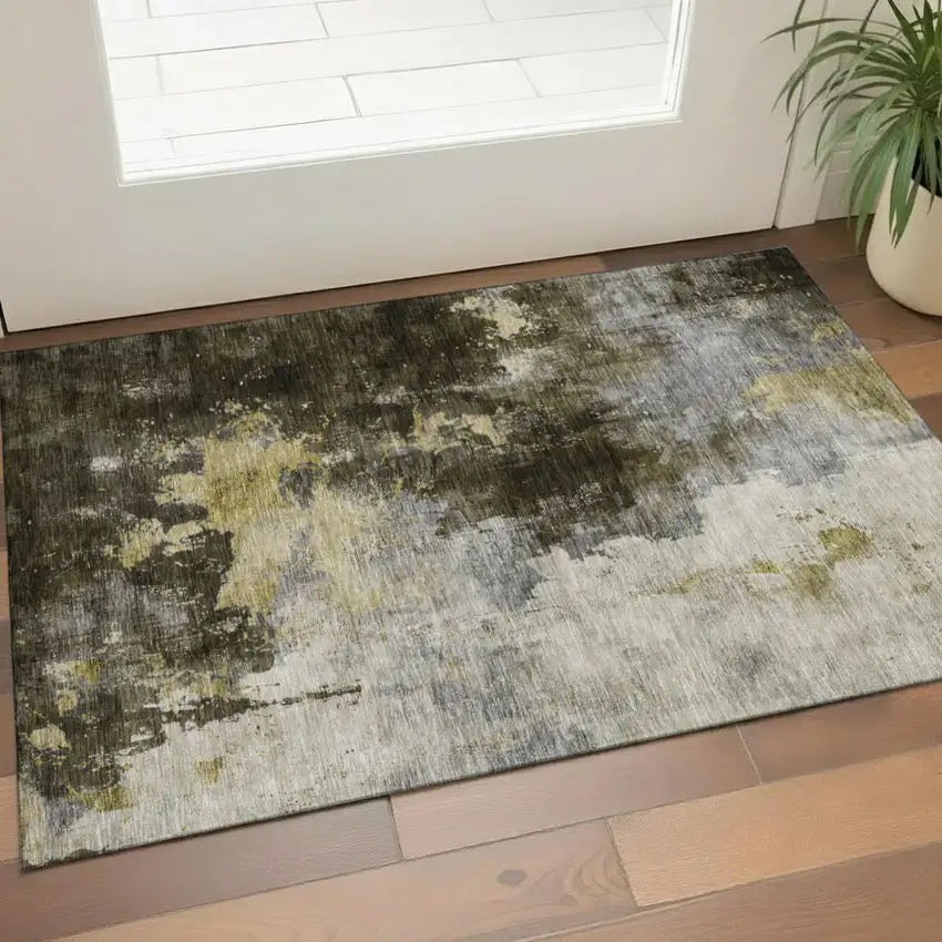 Brown Gold And Silver Abstract Washable Area Rug With UV Protection Photo 1