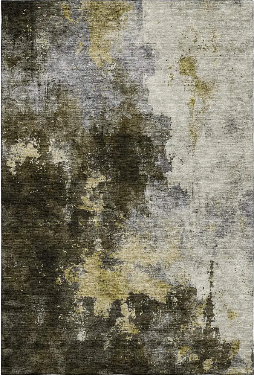 Brown Gold And Silver Abstract Washable Area Rug With UV Protection Photo 1
