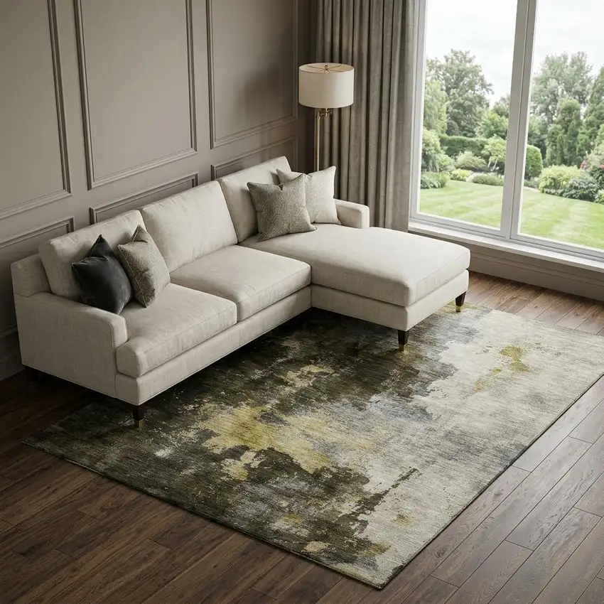 Brown Gold And Silver Abstract Washable Area Rug With UV Protection Photo 1