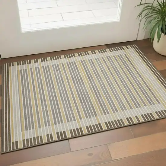 Brown Gold And Silver Striped Washable Area Rug With UV Protection Photo 2