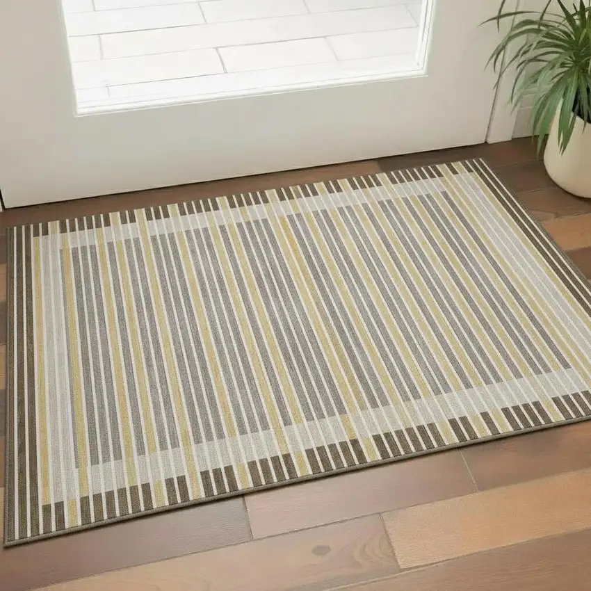 Brown Gold And Silver Striped Washable Area Rug With UV Protection Photo 2