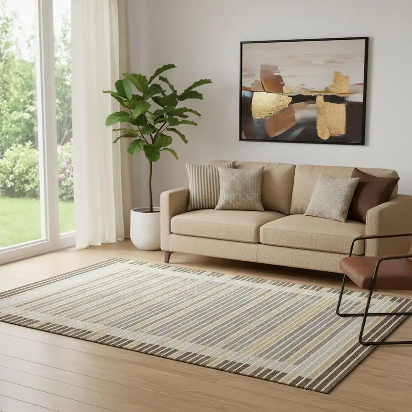 Brown Gold And Silver Striped Washable Area Rug With UV Protection Photo 2