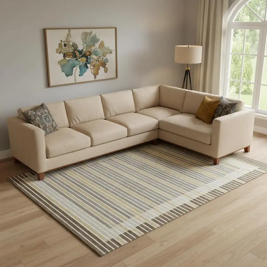 Brown Gold And Silver Striped Washable Area Rug With UV Protection Photo 2