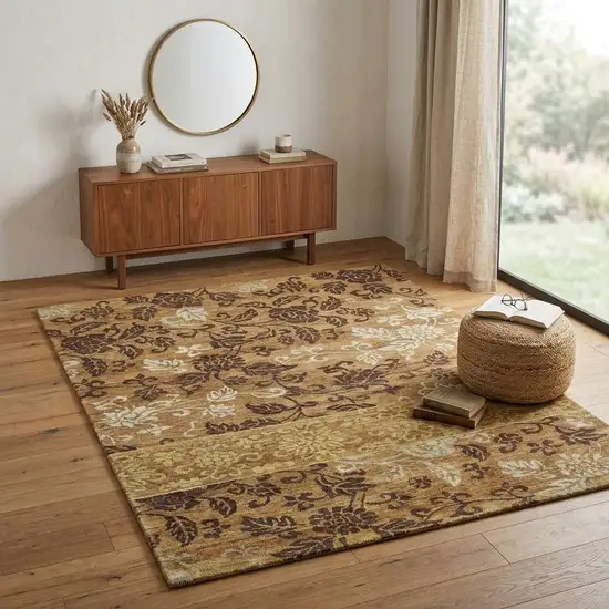 Brown Gold And Tan Floral Hand Knotted Area Rug Photo 1