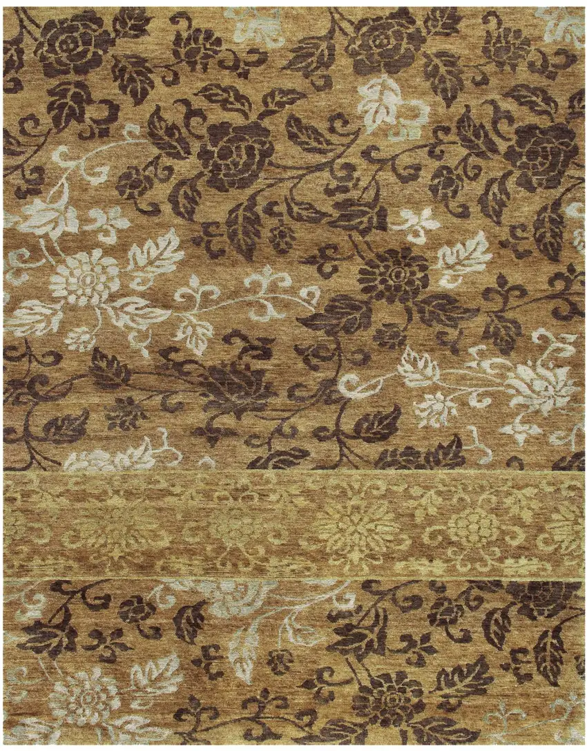 Brown Gold And Tan Floral Hand Knotted Area Rug Photo 4