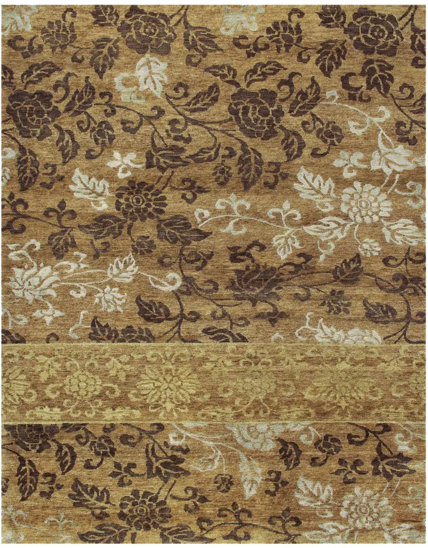 Brown Gold And Tan Floral Hand Knotted Area Rug Photo 2