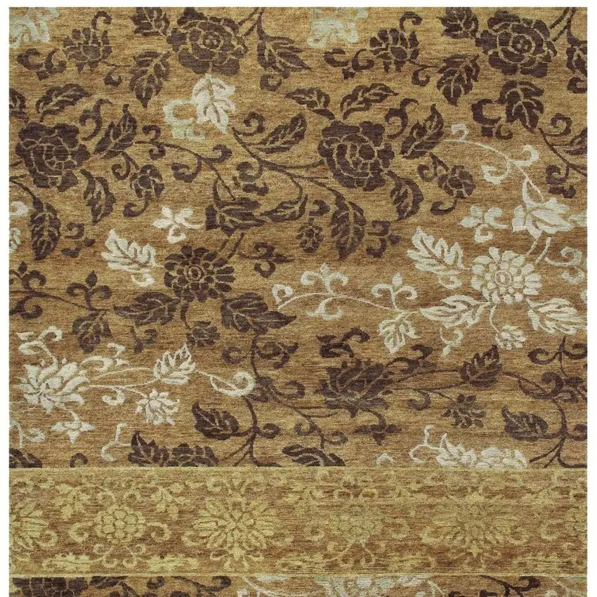 Brown Gold And Tan Floral Hand Knotted Area Rug Photo 4