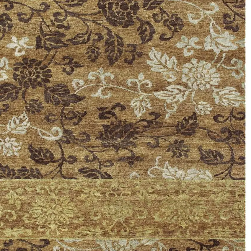 Brown Gold And Tan Floral Hand Knotted Area Rug Photo 3