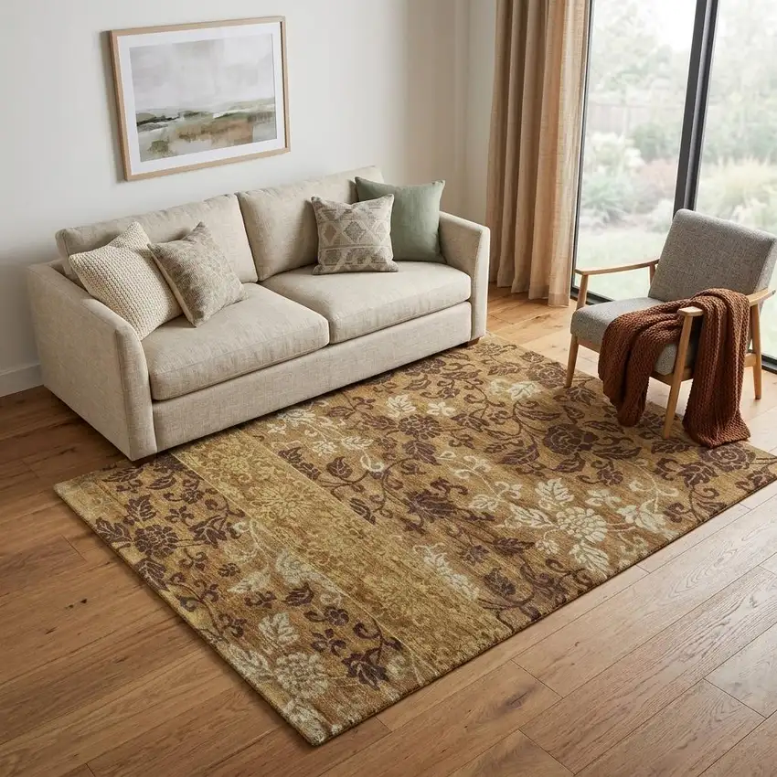 Brown Gold And Tan Floral Hand Knotted Area Rug Photo 1