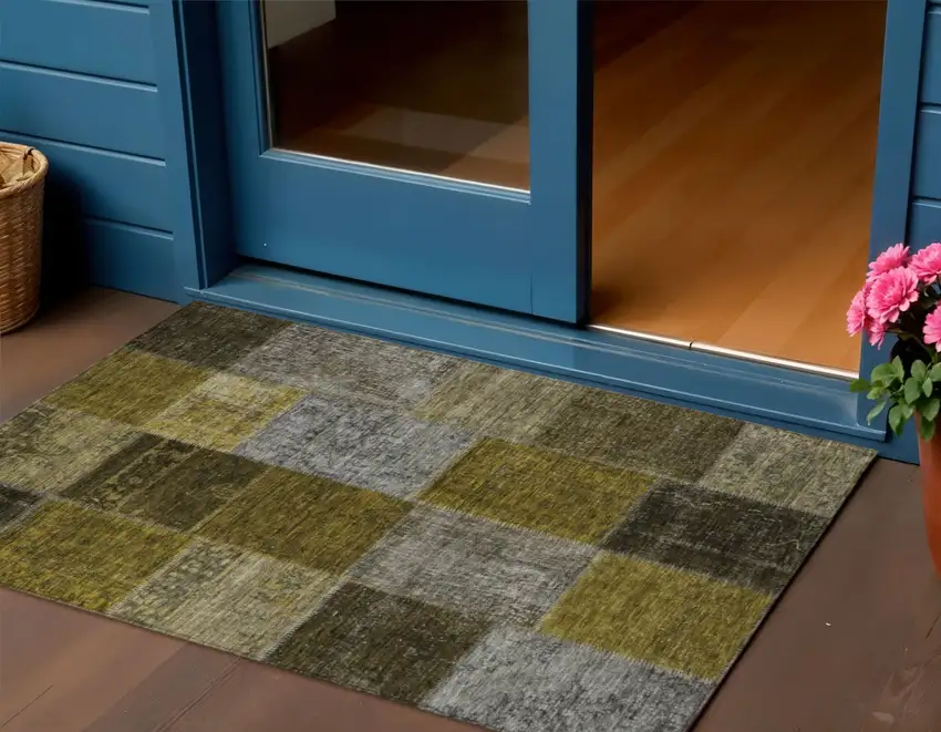 Brown Gold And Taupe Patchwork Washable Indoor Outdoor Area Rug Photo 1