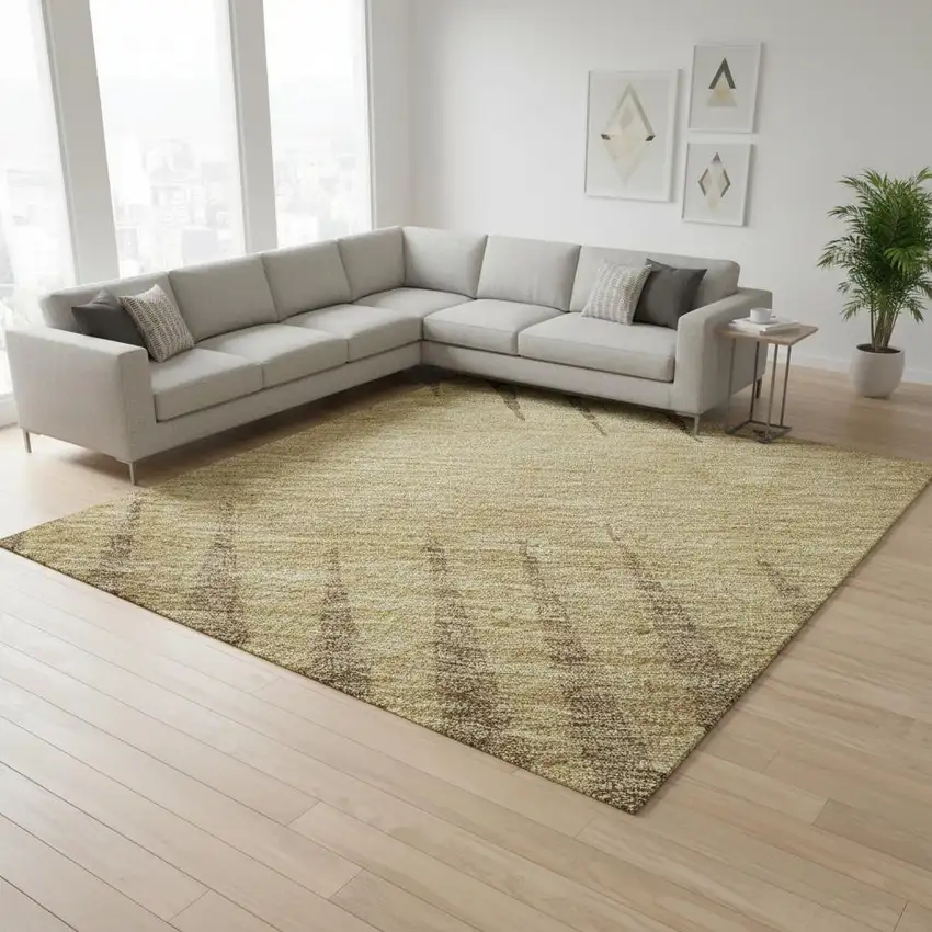 Brown Gold And Taupe Striped Washable Area Rug With UV Protection Photo 2